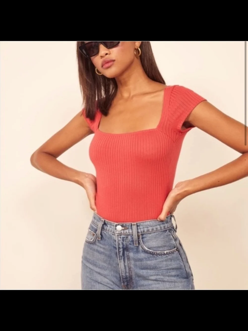 Reformation Bardot Ribbed Square-Neck Top in Apple - Picture 2 of 5